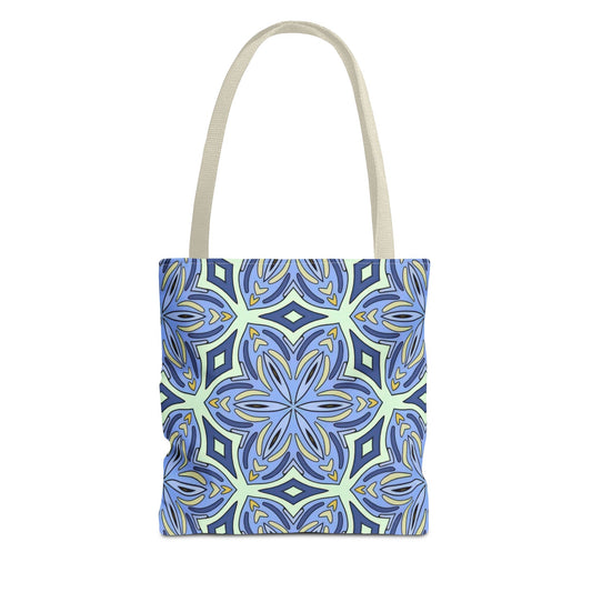 Pale Cornflower Blue and Yellow Tote Bag – Geometric Floral Pattern Reusable Shopping Bag for Everyday Use