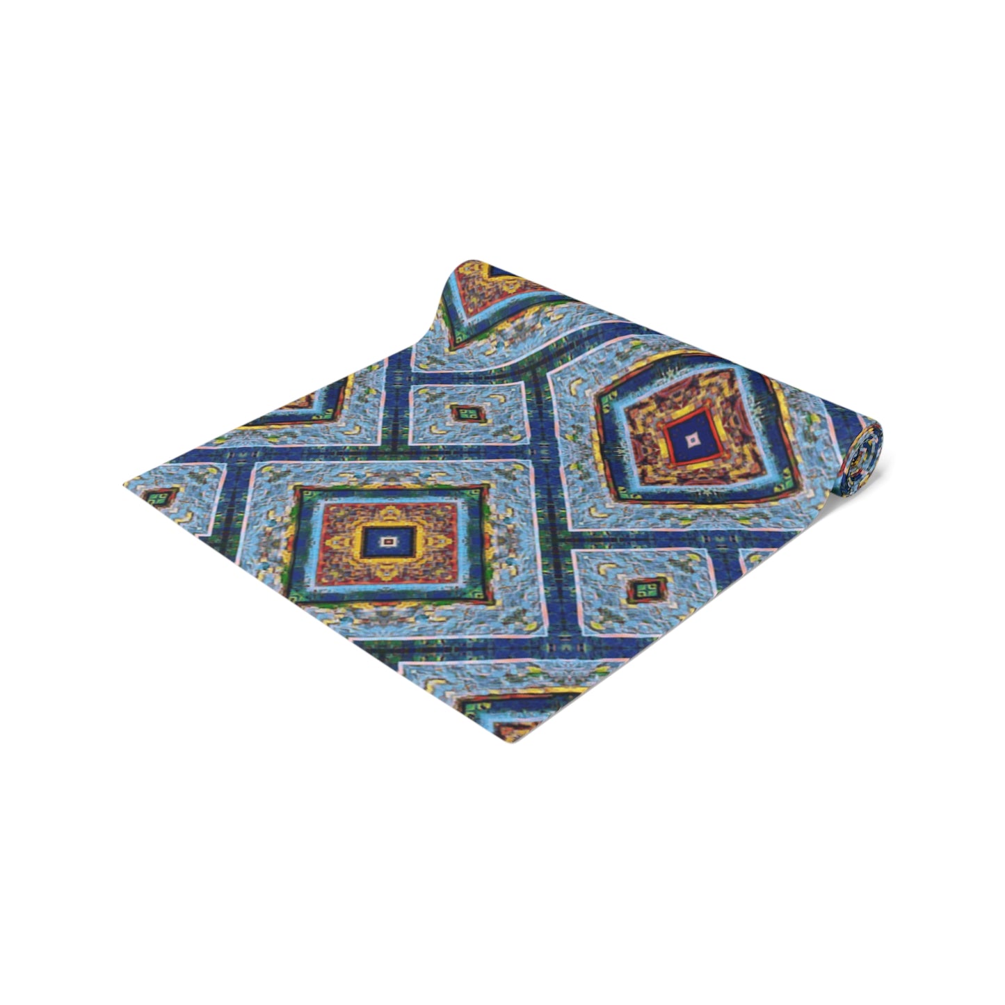 Blue Fusion Tiling Table Runner – Blue Geometric Dining Decor, Modern Tile Pattern Runner