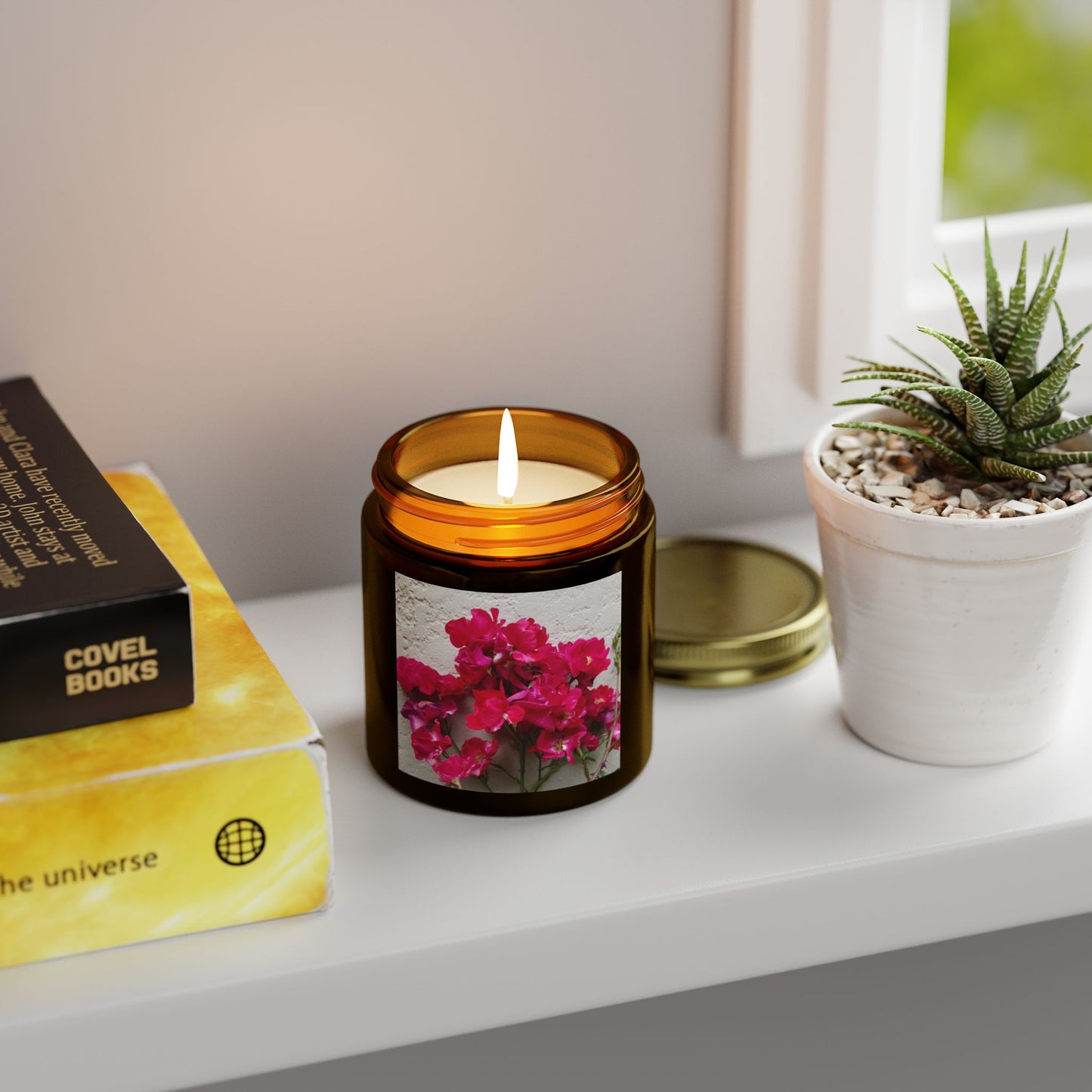 Bougainvillea Against White Stucco Wall Jar Candle – Mediterranean Floral Photo Candle for Elegant Home Decor