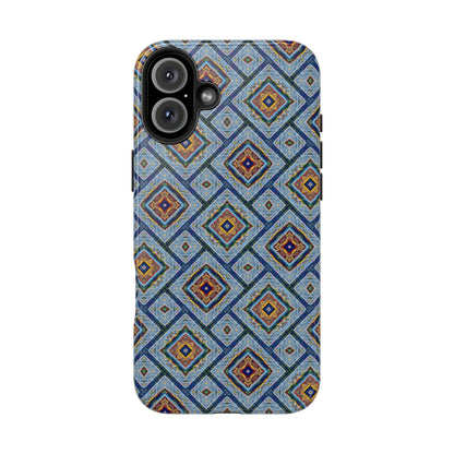Blue Fusion Tiling Tough Case – Blue Geometric Phone Case, Modern Diamond Pattern Cover, Abstract Tile Design