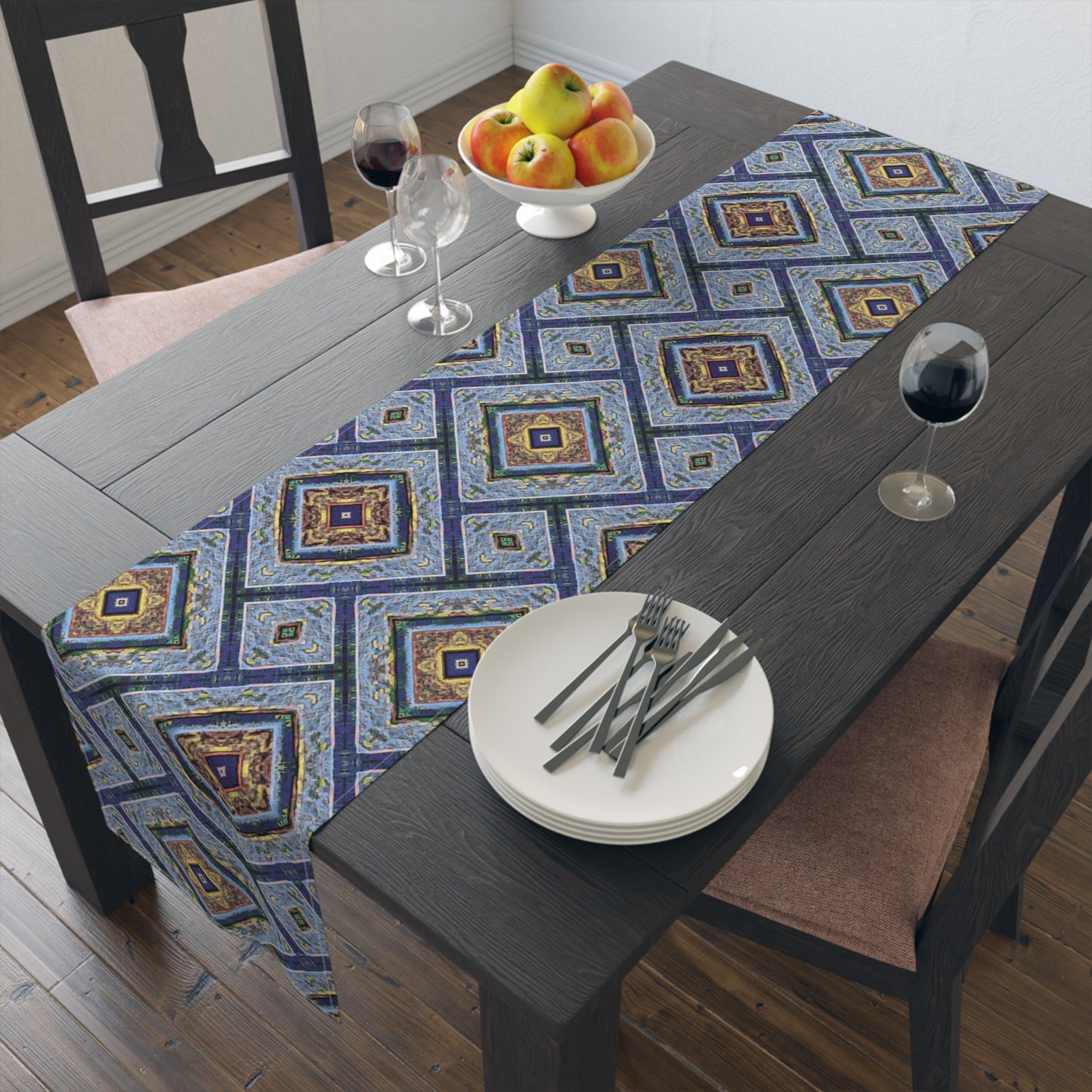 Blue Fusion Tiling Table Runner – Blue Geometric Dining Decor, Modern Tile Pattern Runner