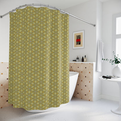 Retro Yellow Flowers Shower Curtain – Geometric Floral Bathroom Decor in Yellow and Green