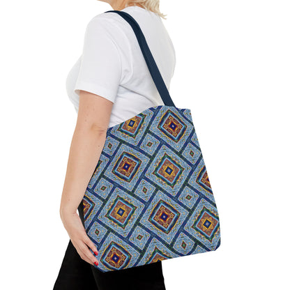 Blue Fusion Tiling Tote Bag – Blue Geometric Canvas, Modern Tile Pattern, Diamond Design Everyday Bag