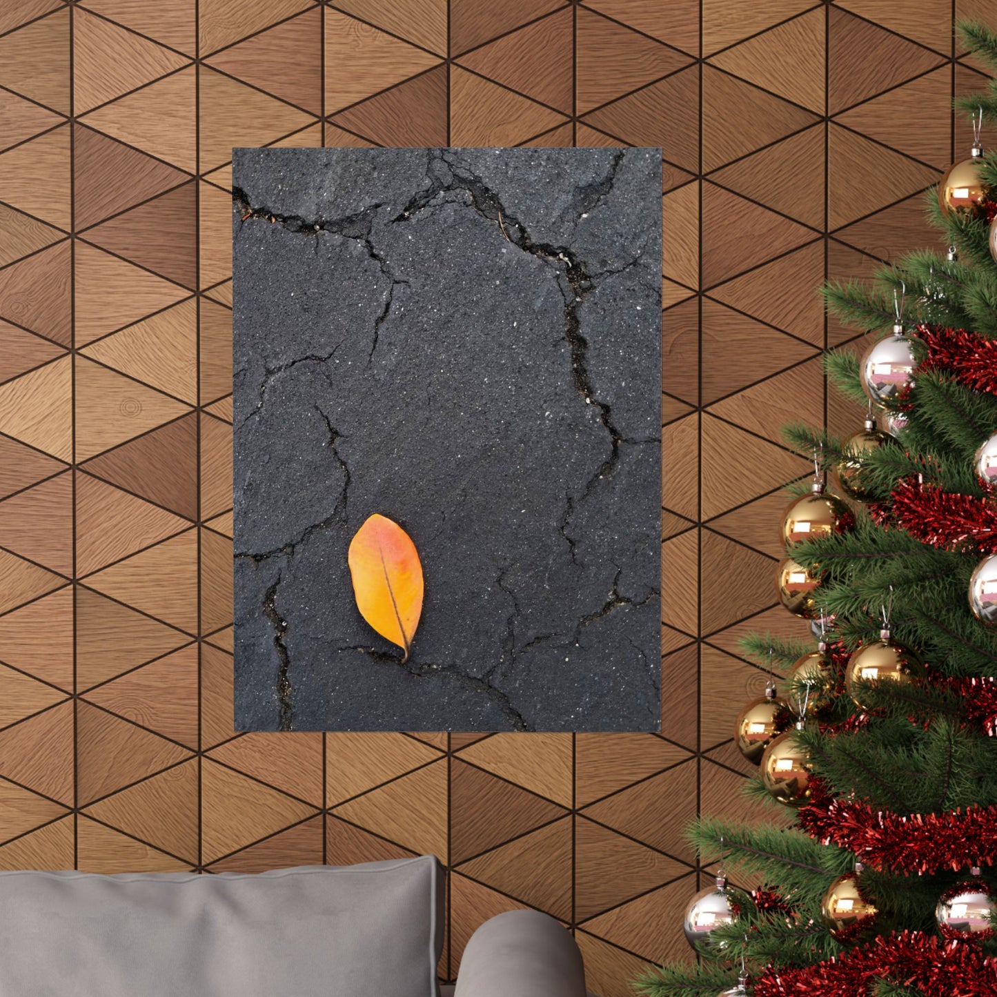 Orange Leaf Against Black Concrete Poster – Minimalist Nature Photography Wall Art