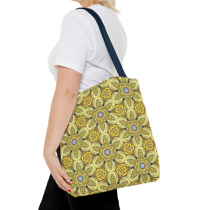 Retro Yellow Flowers Tote Bag – Geometric Floral Pattern Reusable Shopping Bag