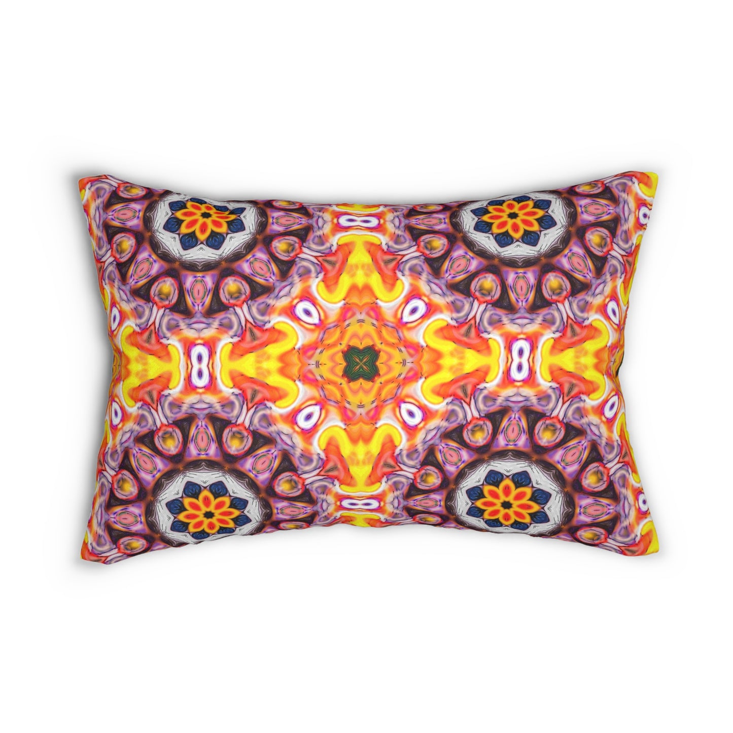Kaleidoscope Mandala Lumbar Pillow – Vibrant Boho Decorative Cushion in Orange, Yellow & Purple for Eclectic Home Decor