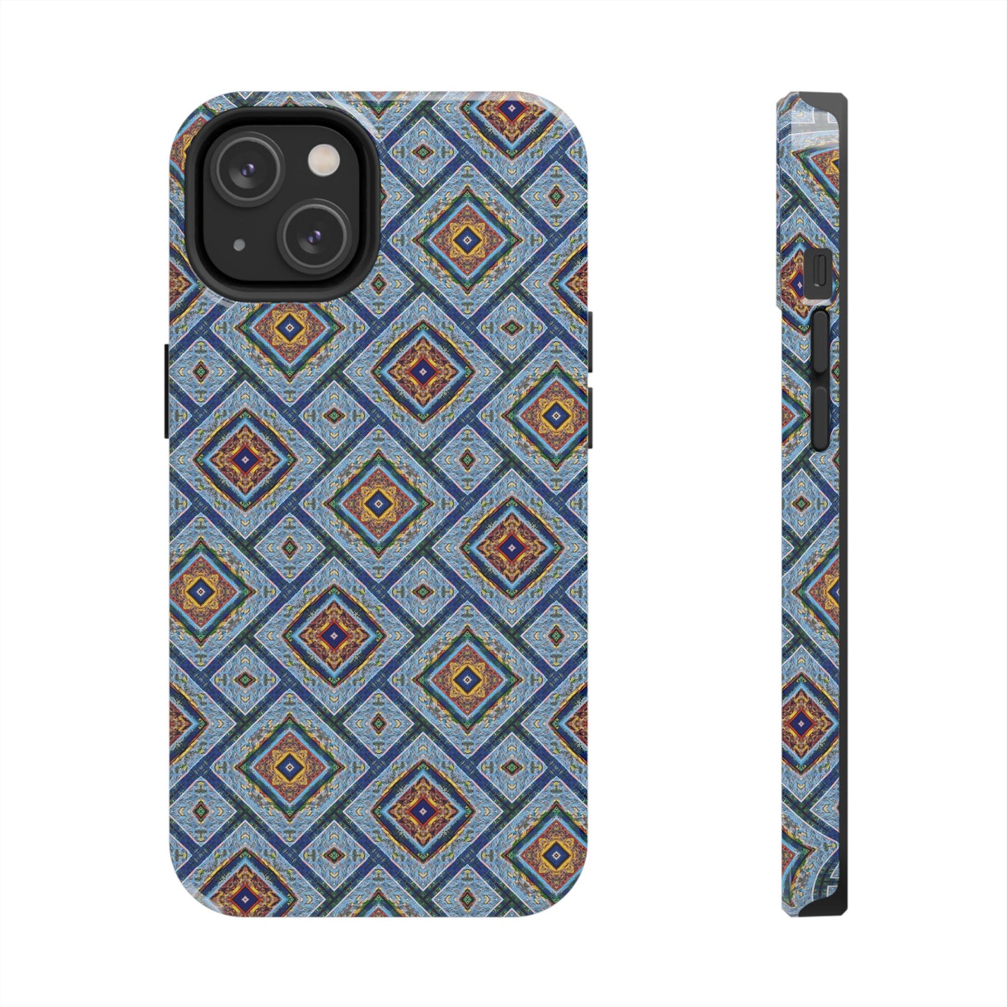 Blue Fusion Tiling Tough Case – Blue Geometric Phone Case, Modern Diamond Pattern Cover, Abstract Tile Design