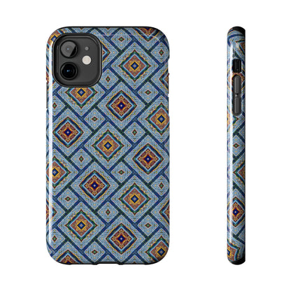 Blue Fusion Tiling Tough Case – Blue Geometric Phone Case, Modern Diamond Pattern Cover, Abstract Tile Design