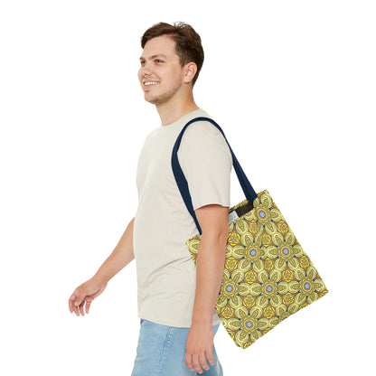 Retro Yellow Flowers Tote Bag – Geometric Floral Pattern Reusable Shopping Bag