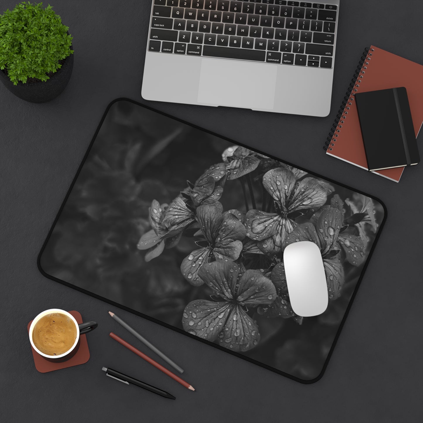 Geranium After a Light Rain Desk Mat – Moody Botanical Floral Art, Monochrome Nature-Inspired Workspace Decor