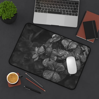 Geranium After a Light Rain Desk Mat – Moody Botanical Floral Art, Monochrome Nature-Inspired Workspace Decor