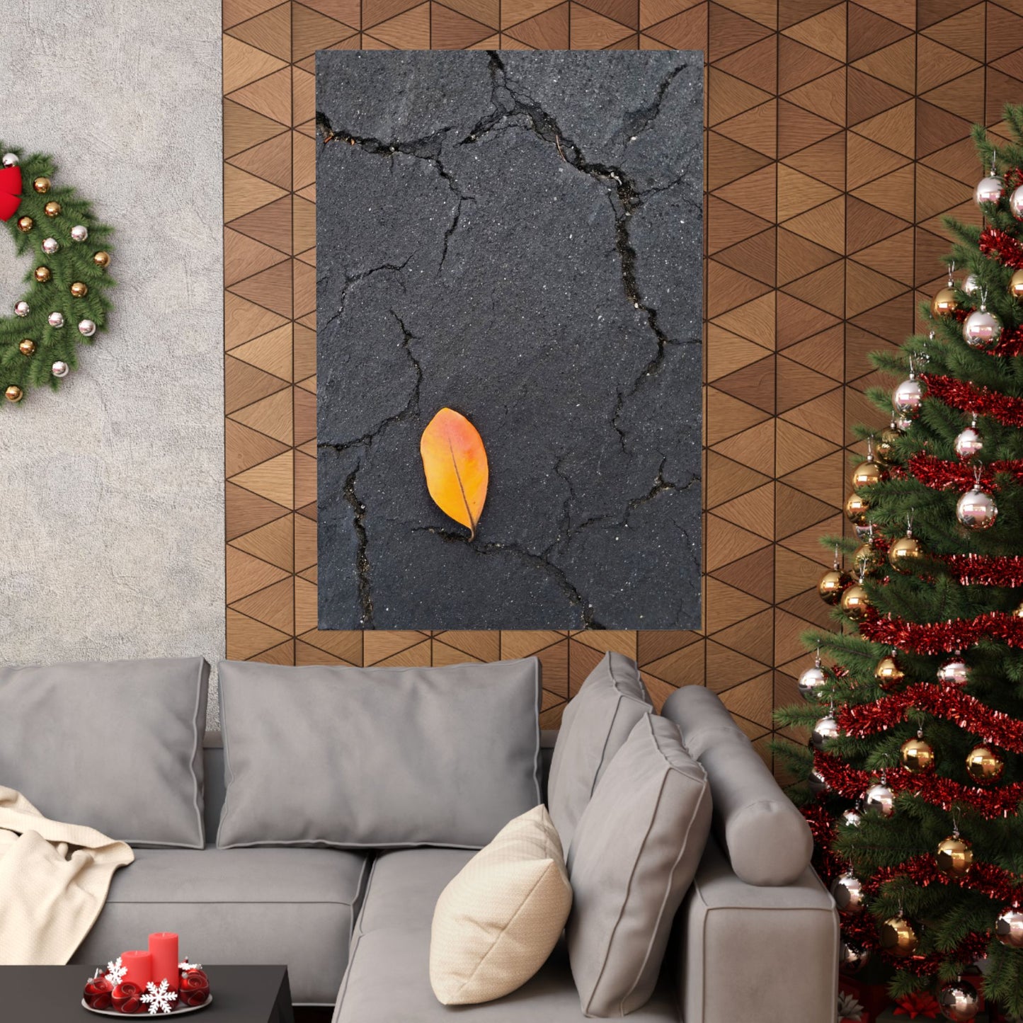 Orange Leaf Against Black Concrete Poster – Minimalist Nature Photography Wall Art