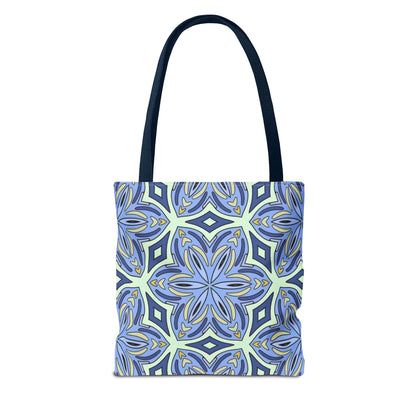 Pale Cornflower Blue and Yellow Tote Bag – Geometric Floral Pattern Reusable Shopping Bag for Everyday Use