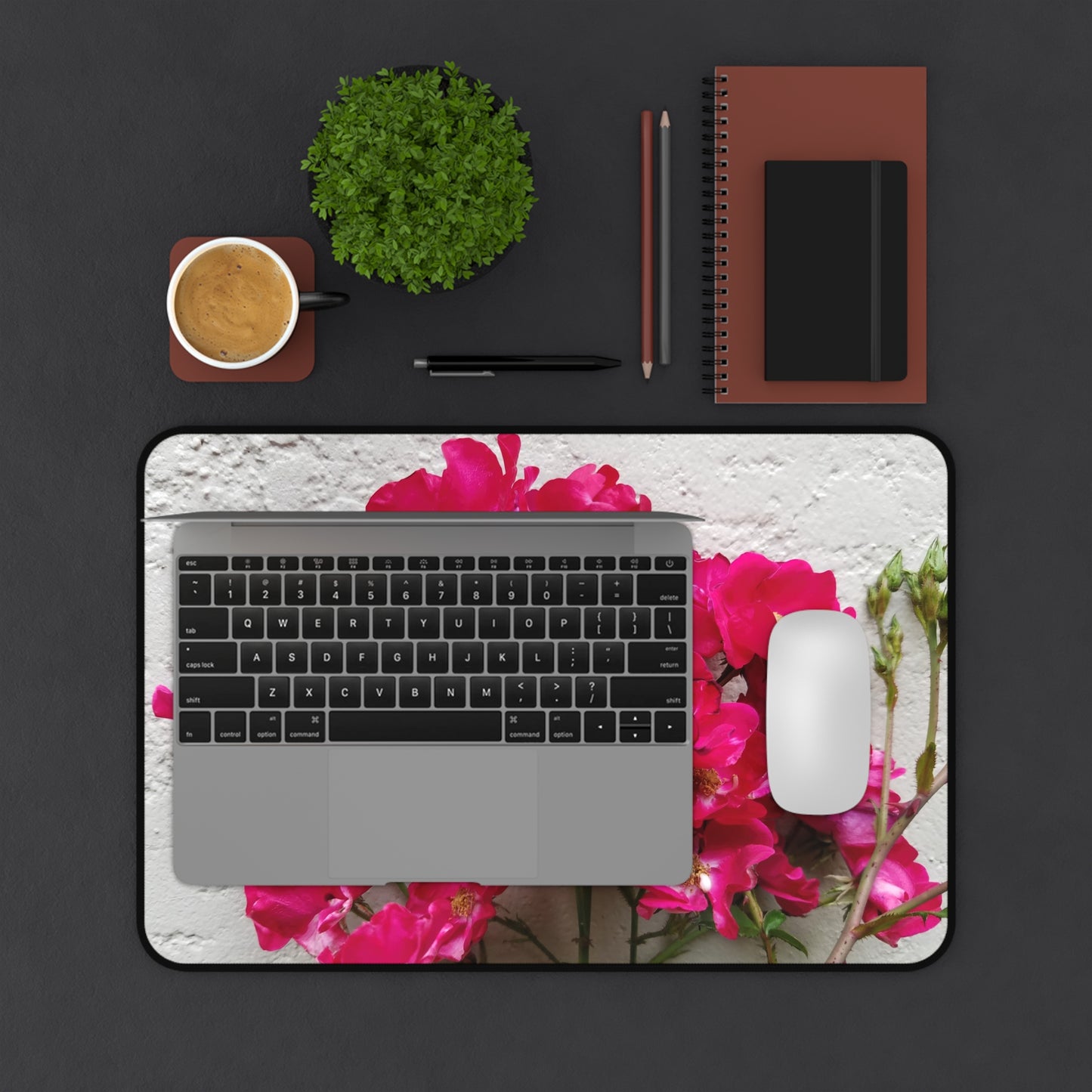 Bougainvillea Against White Stucco Wall Desk Mat – Mediterranean Floral Office Accessory, Summer Bloom Workspace Decor