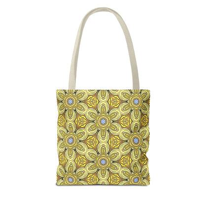 Retro Yellow Flowers Tote Bag – Geometric Floral Pattern Reusable Shopping Bag
