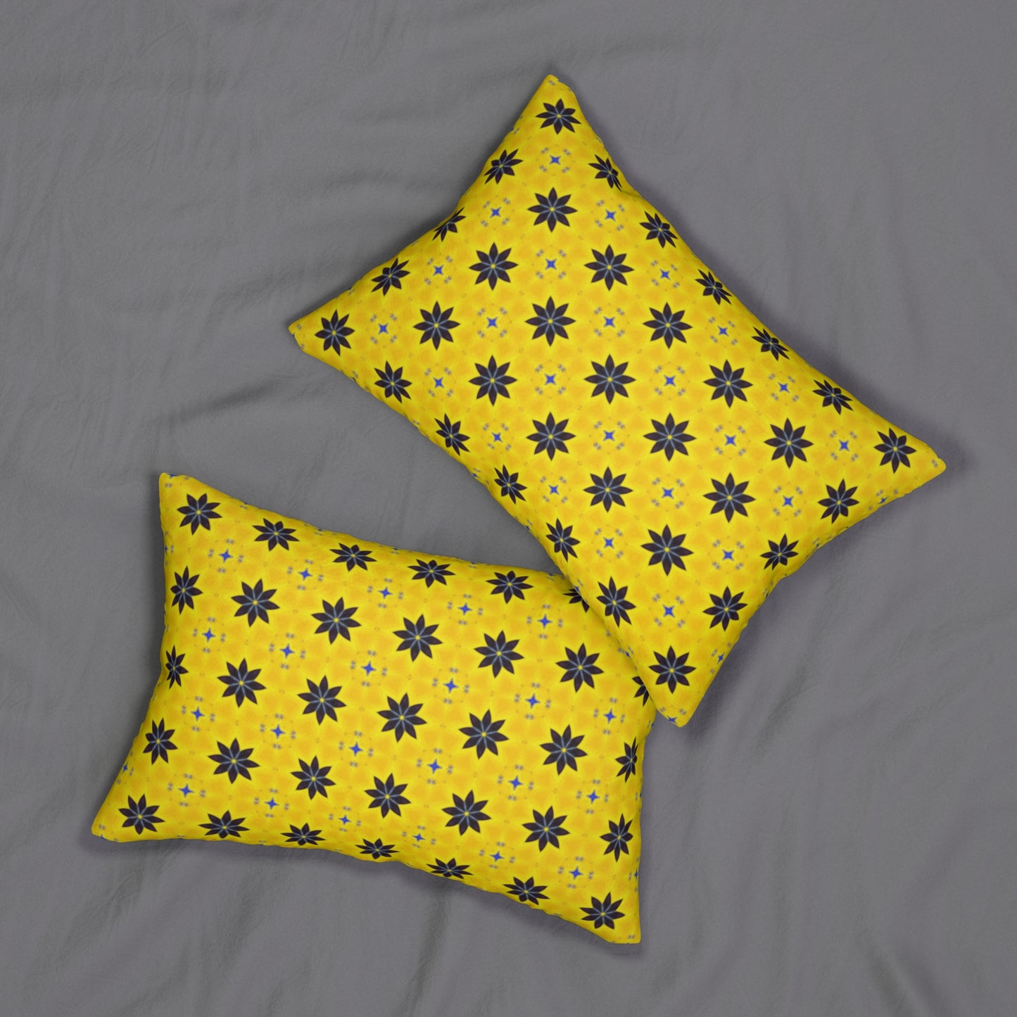 Navy Blue Flowers Lumbar Pillow – Bright Yellow and Navy Floral Accent Pillow for Spring Decor