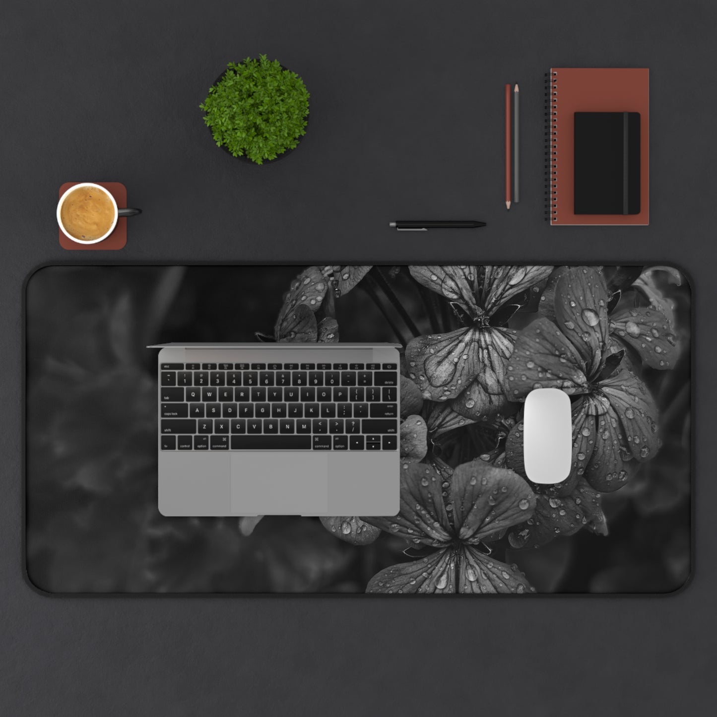 Geranium After a Light Rain Desk Mat – Moody Botanical Floral Art, Monochrome Nature-Inspired Workspace Decor