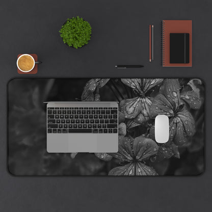 Geranium After a Light Rain Desk Mat – Moody Botanical Floral Art, Monochrome Nature-Inspired Workspace Decor