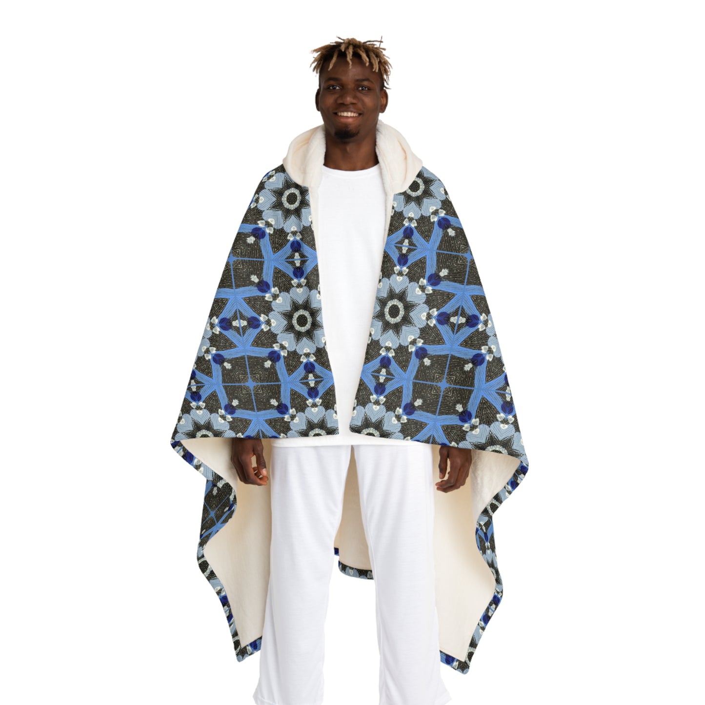 Blue Quilt Pattern Hooded Blanket – Quilted Sherpa Wearable Throw, Patchwork Fleece Comfort Wrap