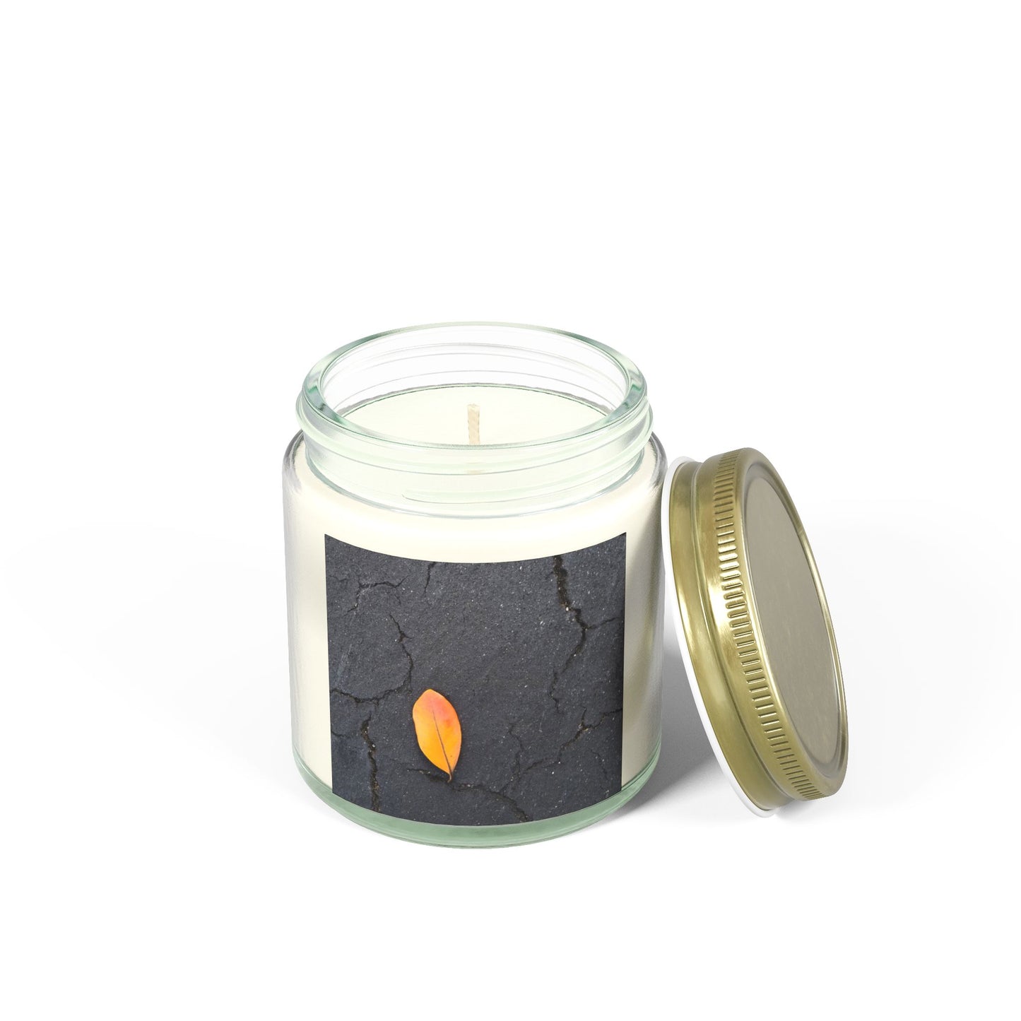 Orange Leaf on Black Concrete Jar Candle – Minimalist Autumn Decor with Urban Nature-Inspired Photography and Moody Fall Aesthetic