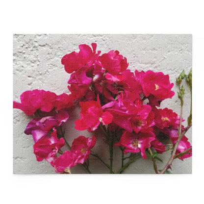 Bougainvillea Against White Stucco Wall Puzzle – Mediterranean Floral Jigsaw, Cottagecore Botanical Art Puzzle