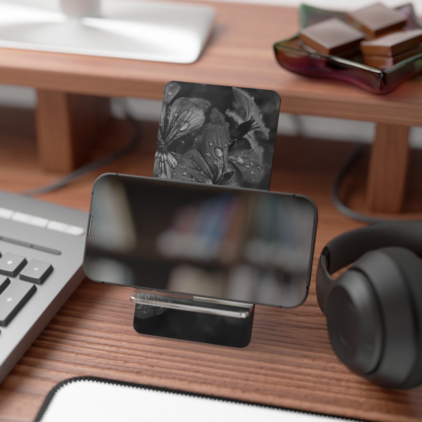 Geranium After a Light Rain Phone Stand – Moody Botanical Floral Photography Holder, Nature-Inspired Desk Accessory