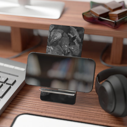 Geranium After a Light Rain Phone Stand – Moody Botanical Floral Photography Holder, Nature-Inspired Desk Accessory