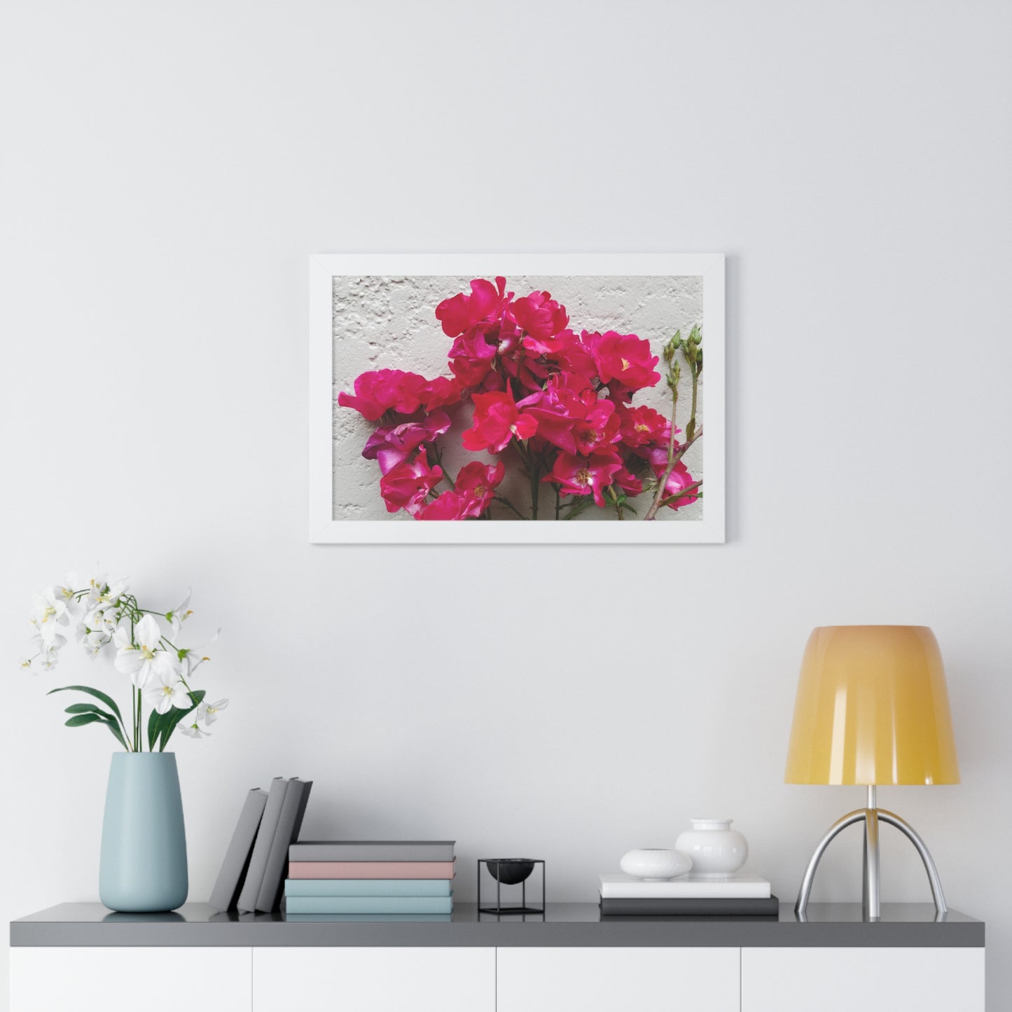Bougainvillea Against White Stucco Wall Framed Print – Mediterranean Floral Wall Art, Summer Bloom Botanical Decor