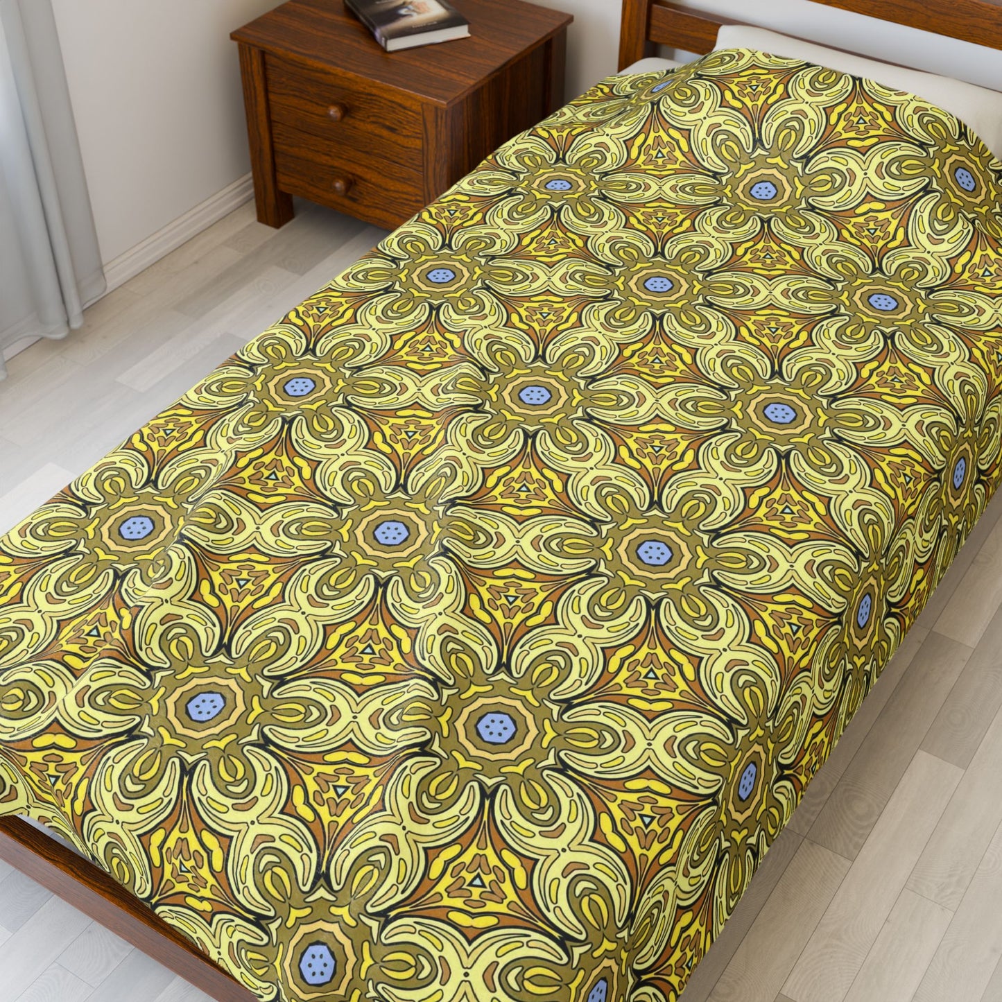 Retro Yellow Flowers Velveteen Blanket – Soft Geometric Floral Throw for Living Room & Bedroom