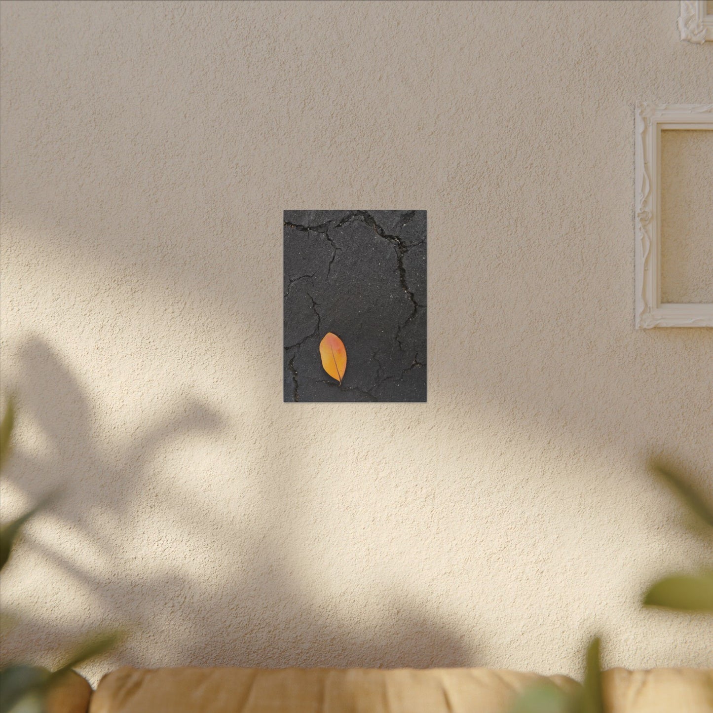 Orange Leaf Against Black Concrete Minimalistic Canvas Print – Contemporary Nature Photography Wall Art