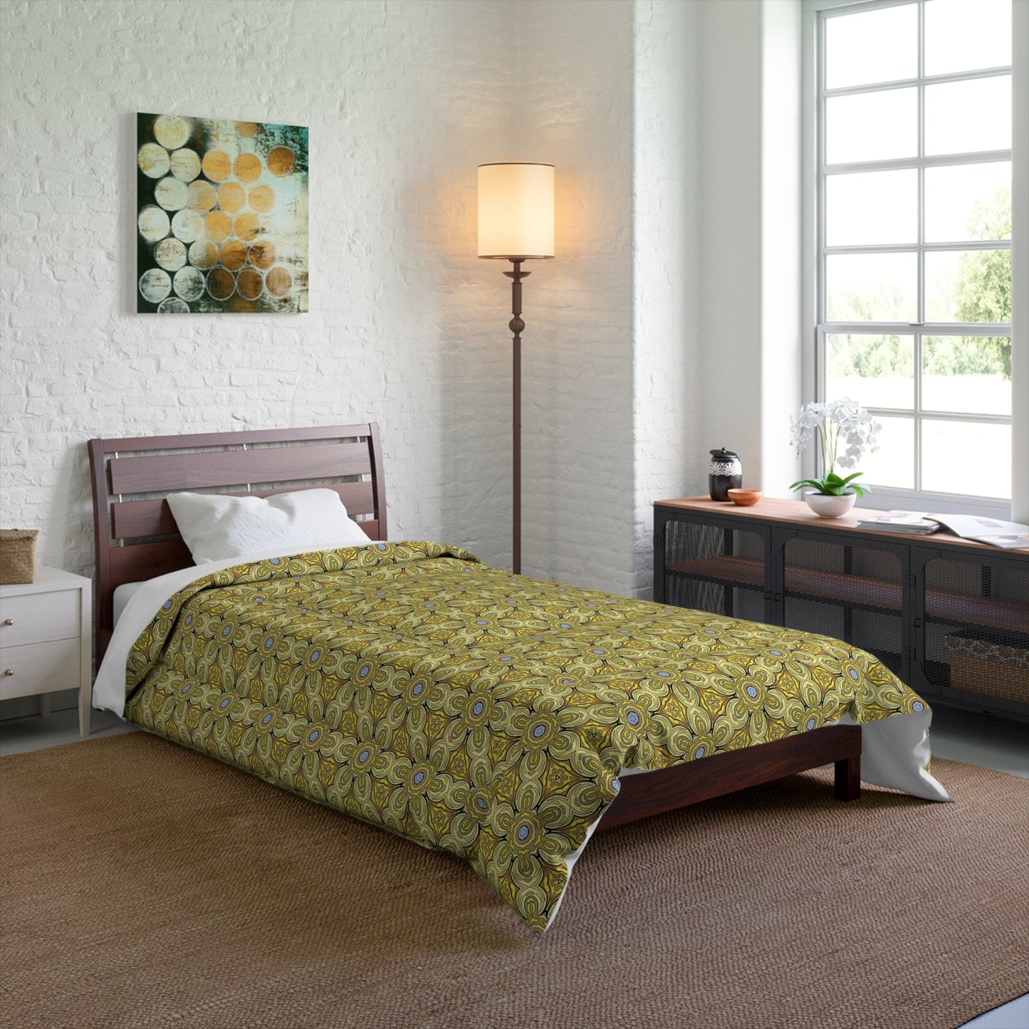 Retro Yellow Flowers Comforter – Geometric Floral Bedding for Modern & Boho Bedrooms