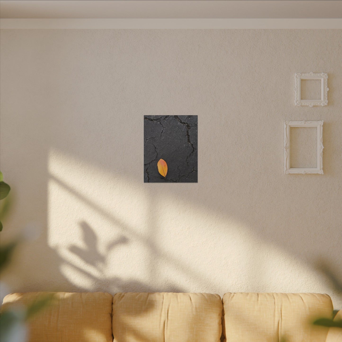 Orange Leaf Against Black Concrete Minimalistic Canvas Print – Contemporary Nature Photography Wall Art
