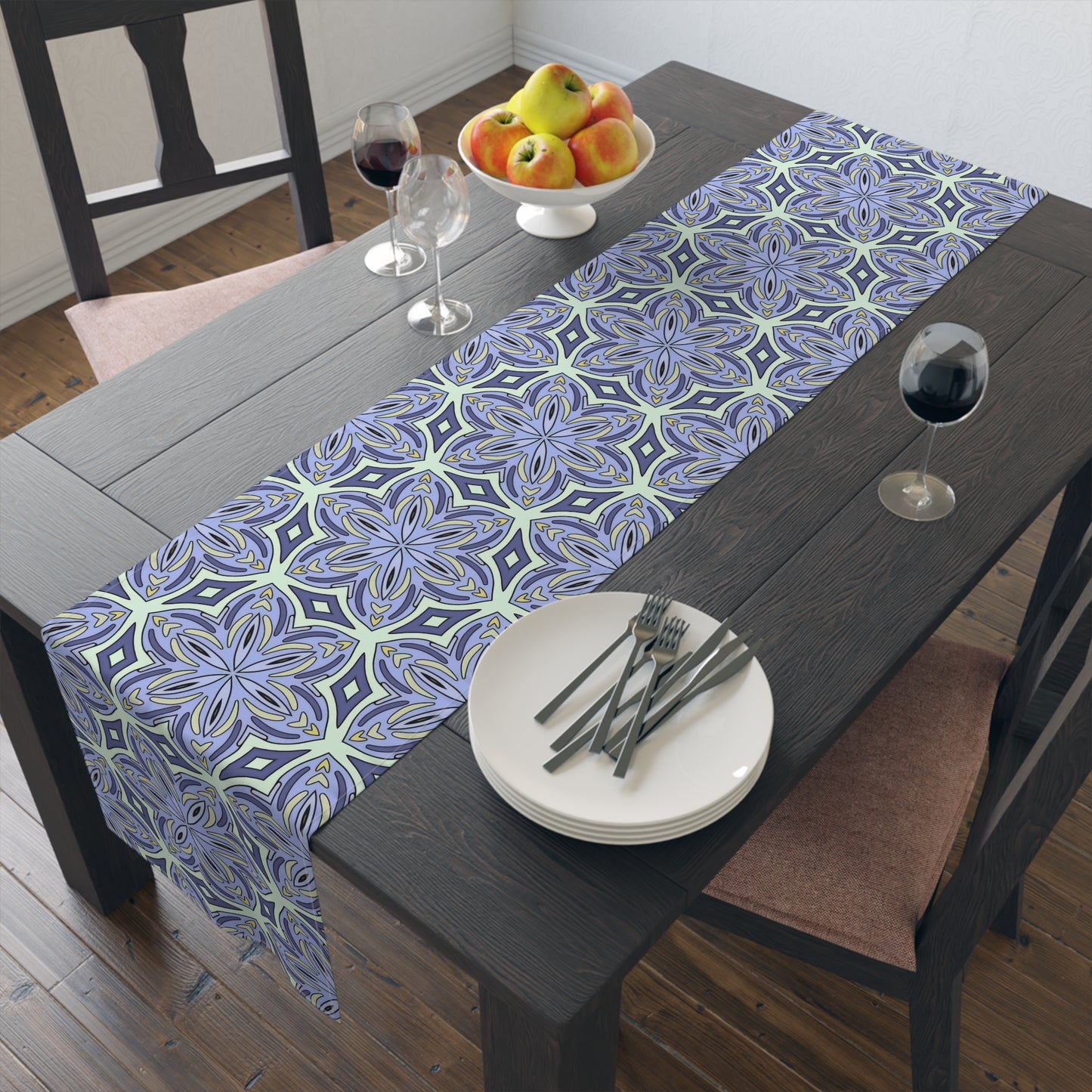 Pale Cornflower Blue and Yellow Table Runner – Elegant Floral Dining Decor for Modern and Traditional Settings