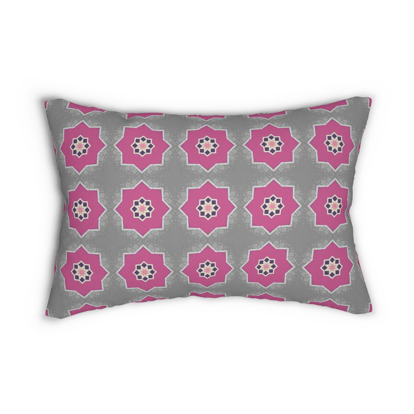 Pink and Gray Floral Lumbar Pillow – Geometric Tile Pattern Cushion for Modern or Boho Chic Decor