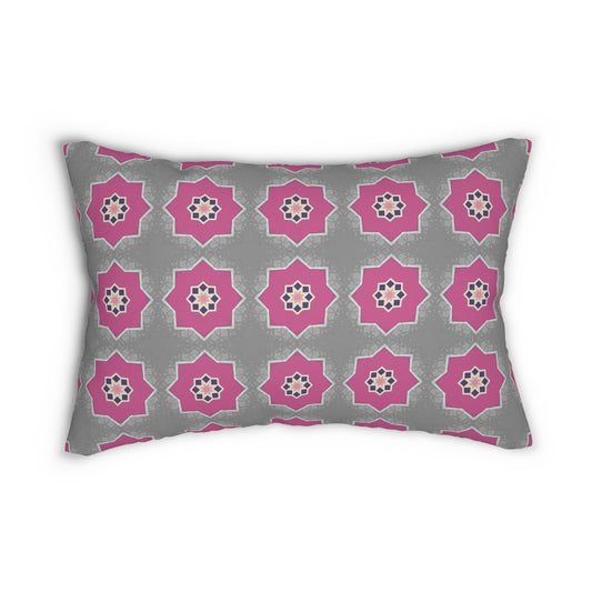 Pink and Gray Floral Lumbar Pillow – Geometric Tile Pattern Cushion for Modern or Boho Chic Decor