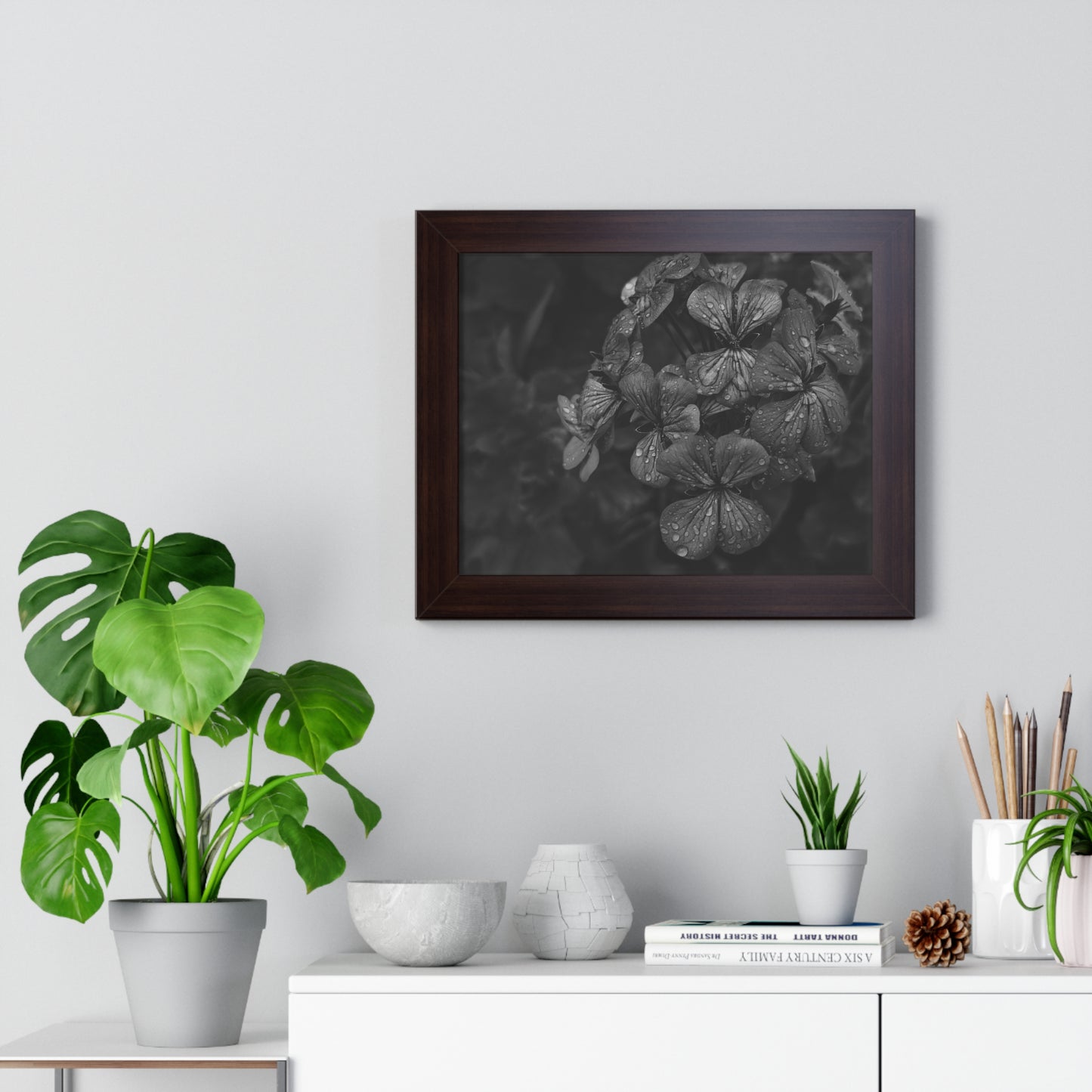 Geranium After a Light Rain Framed Print – Moody Botanical Floral Art, Monochrome Nature-Inspired Wall Decor