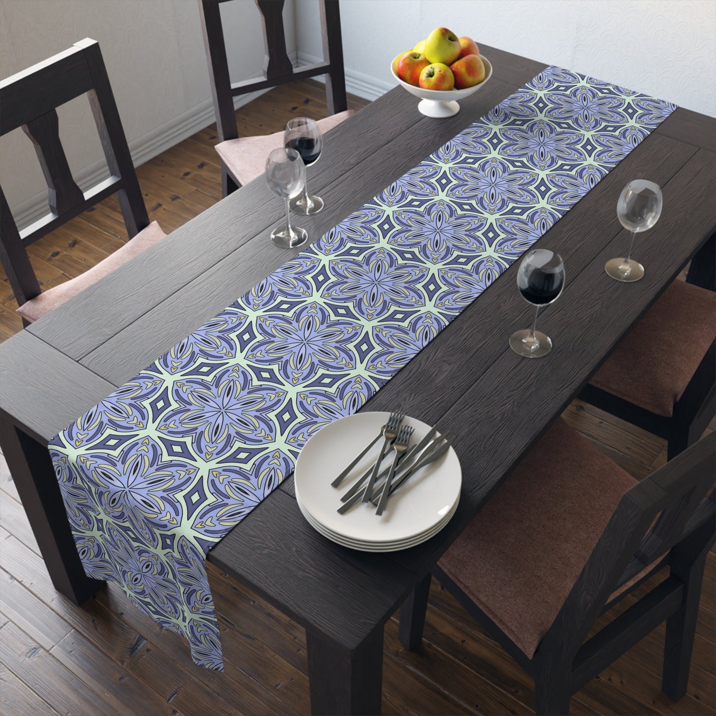 Pale Cornflower Blue and Yellow Table Runner – Elegant Floral Dining Decor for Modern and Traditional Settings