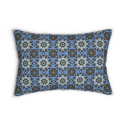 Blue Quilt Pattern Lumbar Pillow – Geometric Floral Decorative Pillow for Modern Decor