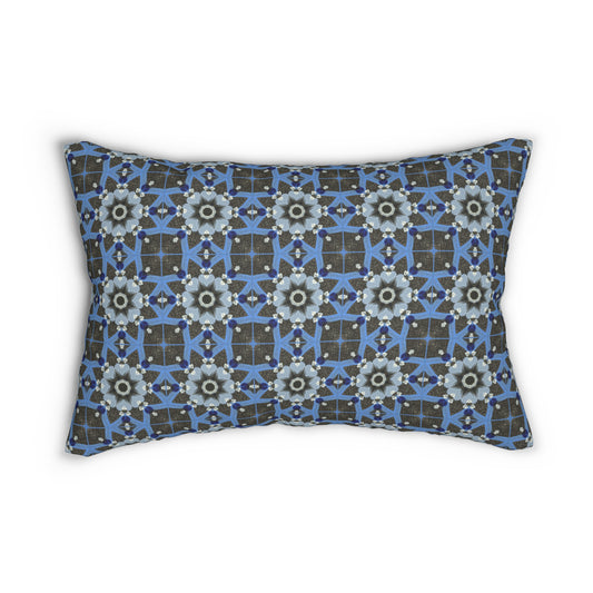Blue Quilt Pattern Lumbar Pillow – Geometric Floral Decorative Pillow for Modern Decor