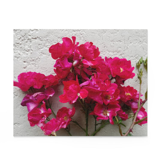 Bougainvillea Against White Stucco Wall Puzzle – Mediterranean Floral Jigsaw, Cottagecore Botanical Art Puzzle