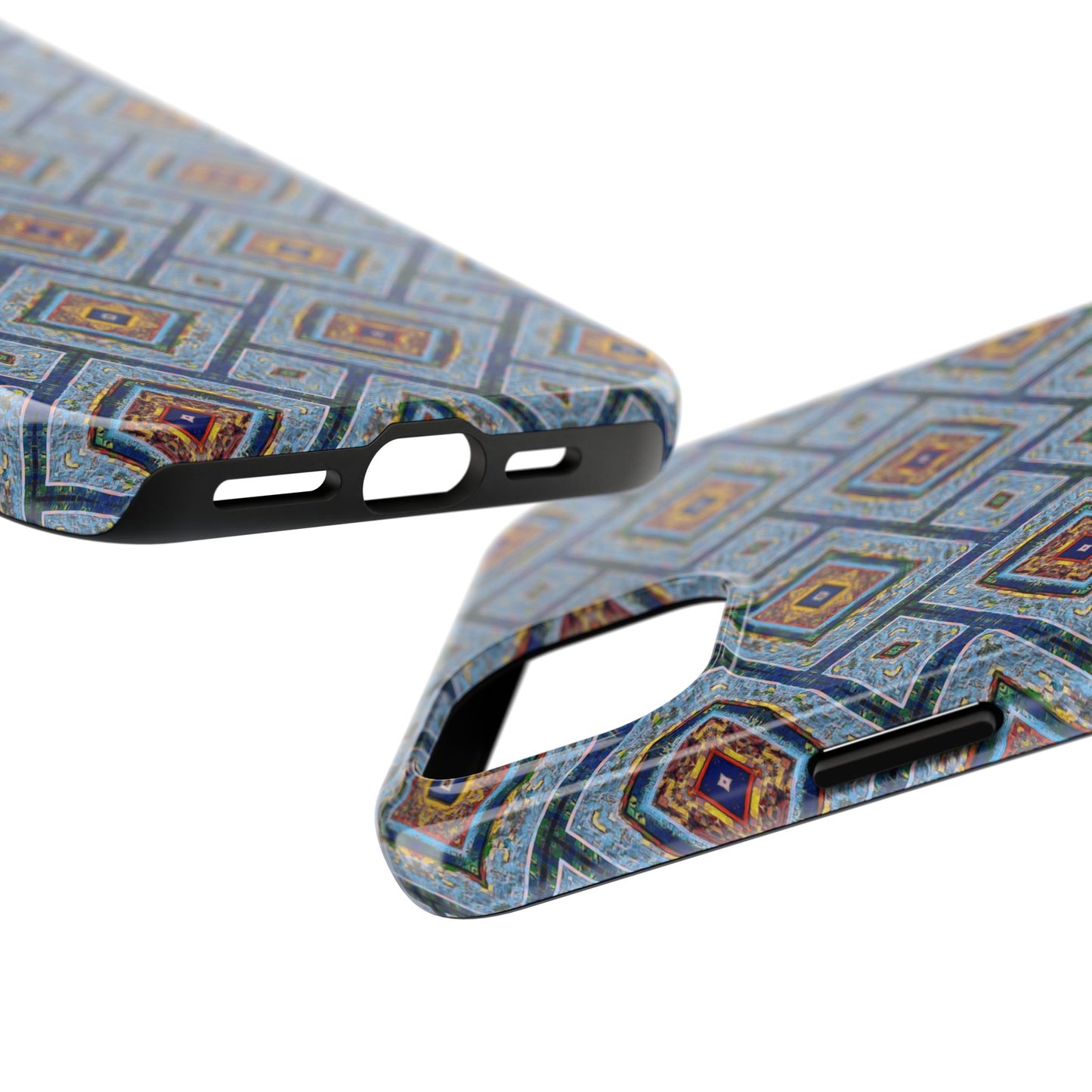 Blue Fusion Tiling Tough Case – Blue Geometric Phone Case, Modern Diamond Pattern Cover, Abstract Tile Design