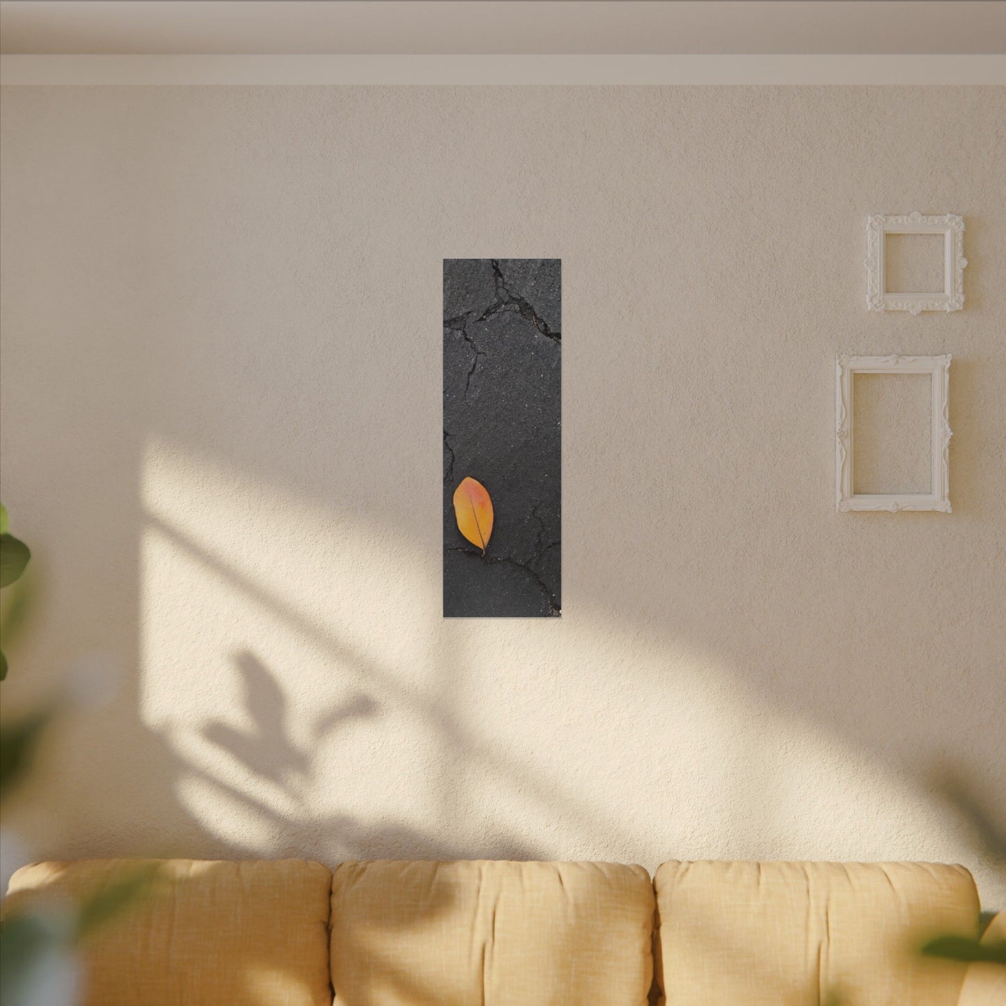 Orange Leaf Against Black Concrete Minimalistic Canvas Print – Contemporary Nature Photography Wall Art