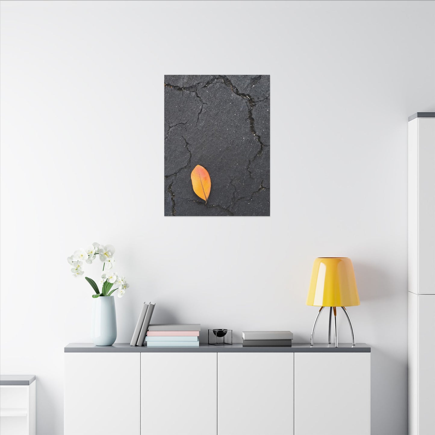 Orange Leaf Against Black Concrete Minimalistic Canvas Print – Contemporary Nature Photography Wall Art
