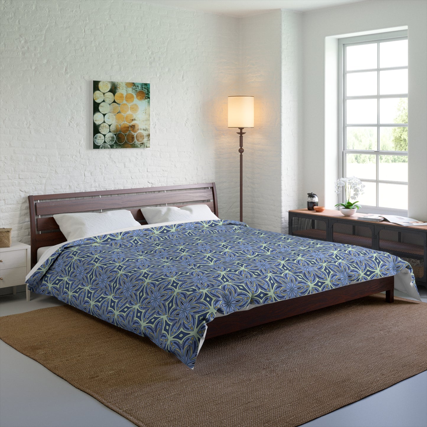 elegant botanical print bedding with cornflower hues