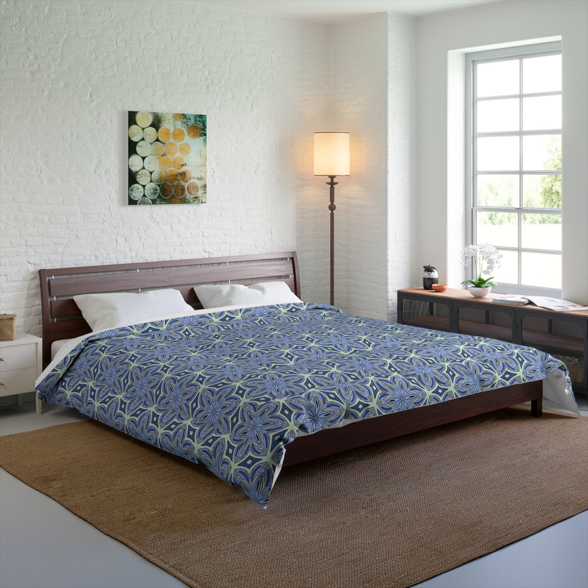 elegant botanical print bedding with cornflower hues