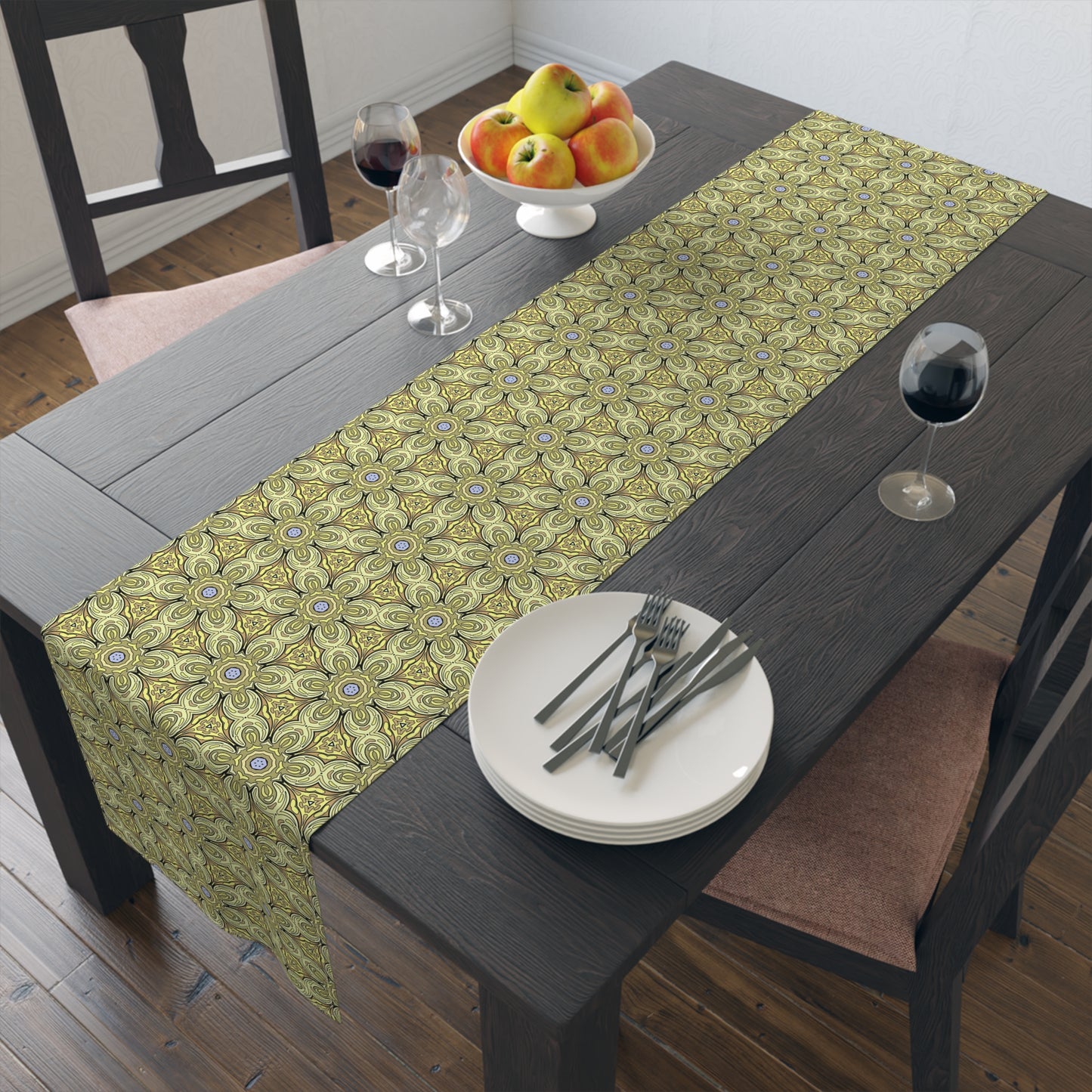 Retro Yellow Flowers Table Runner – Geometric Floral Dining Room & Kitchen Decor