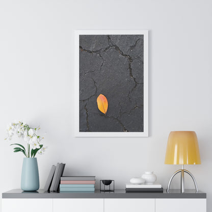 Orange Leaf on Black Concrete Framed Print – Minimalist Autumn Wall Art for Urban and Modern Rustic Decor