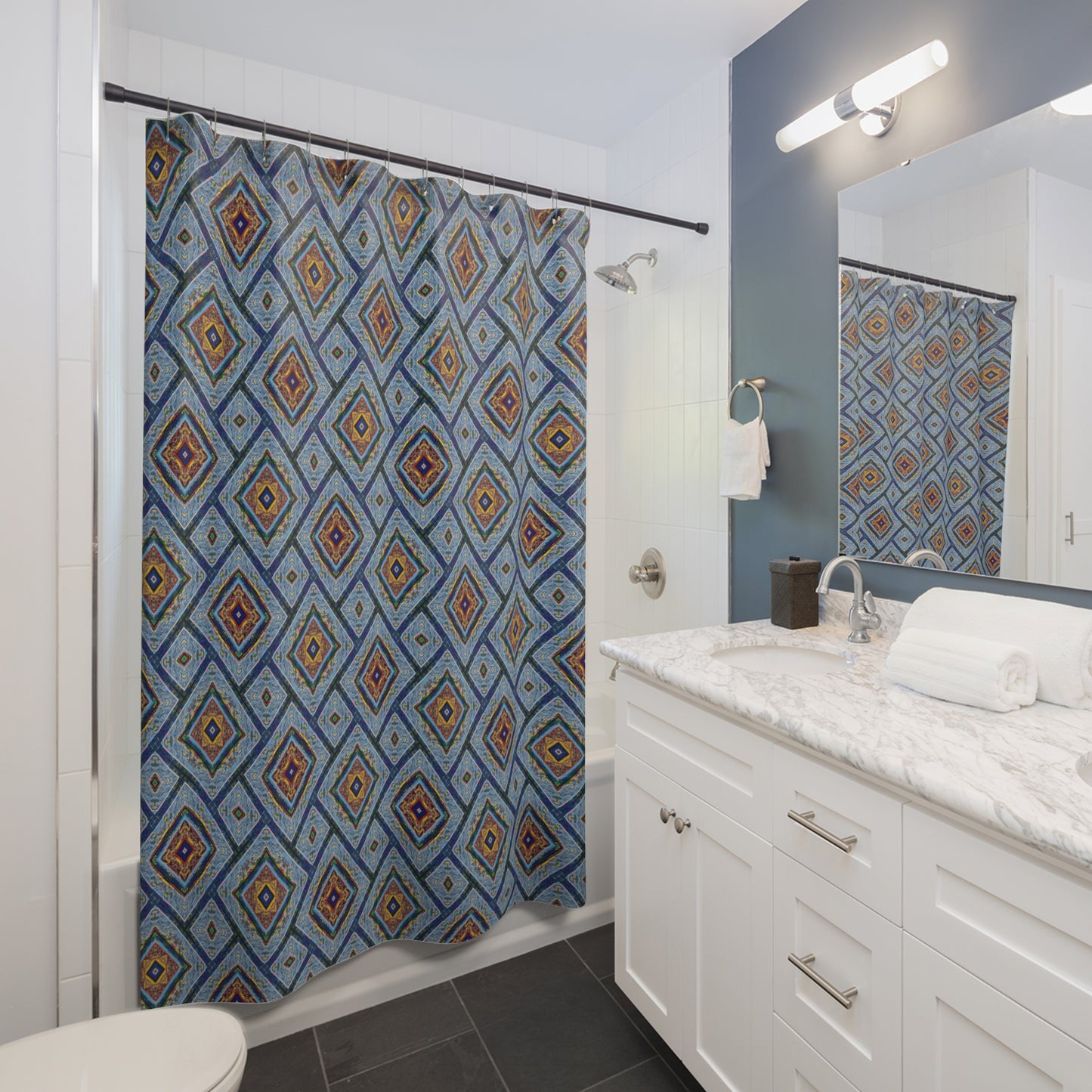 Blue Fusion Tiling Shower Curtain – Blue Geometric Bathroom Decor, Modern Tile Pattern, Diamond Design Curtain