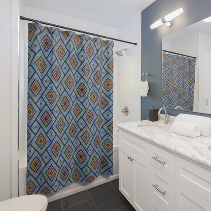 Blue Fusion Tiling Shower Curtain – Blue Geometric Bathroom Decor, Modern Tile Pattern, Diamond Design Curtain