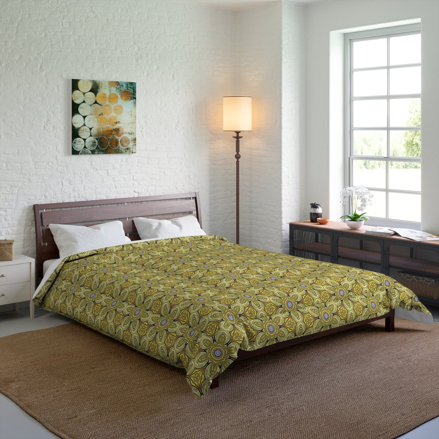 Retro Yellow Flowers Comforter – Geometric Floral Bedding for Modern & Boho Bedrooms